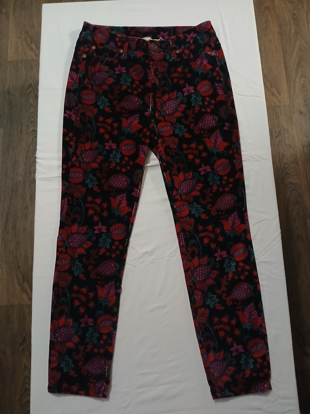 Soft Surroundings Black Velveteen Pants with Red, Pink & Teal Floral Print
